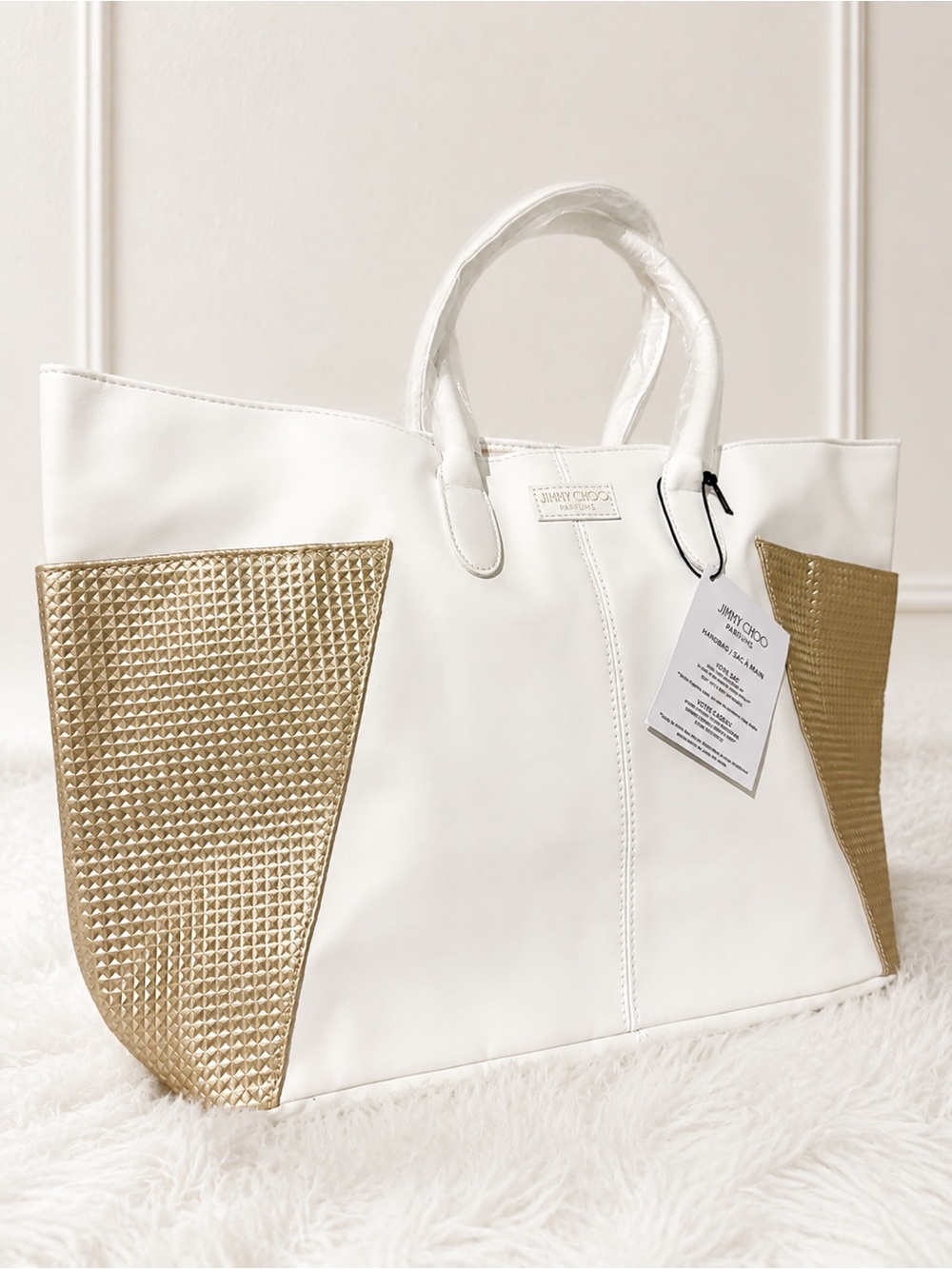 NWT Jimmy Choo Parfums White & Gold Large Tote Bag